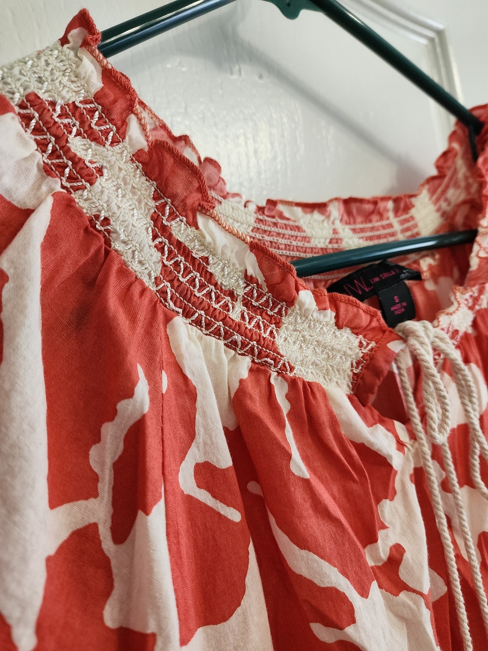 Red & White Smocked Peasant Tunic Top with Tassel Tie - Picture 3 of 5